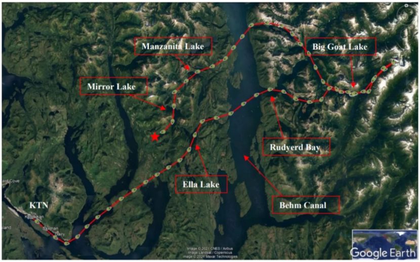 A map with a dotted red line showing where the plane traveled before crashing