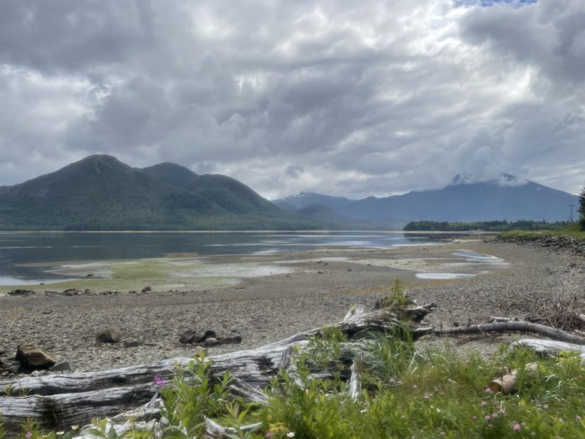A rocky beach with mountains in the background