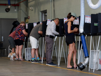 People stand at voting booths in a polling place