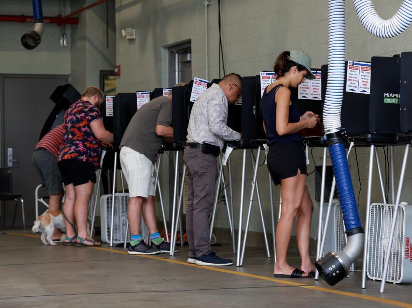 People stand at voting booths in a polling place