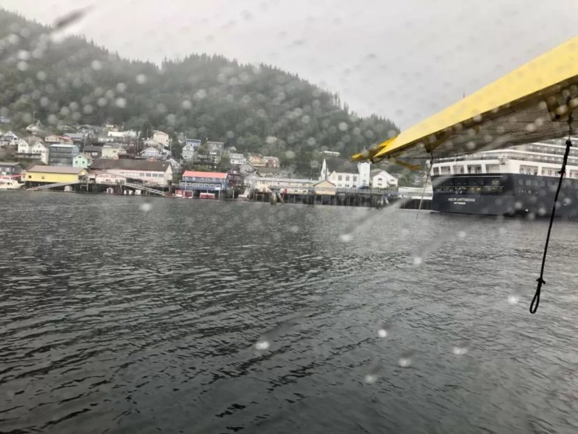 A rainy day seen from a docked floatplane