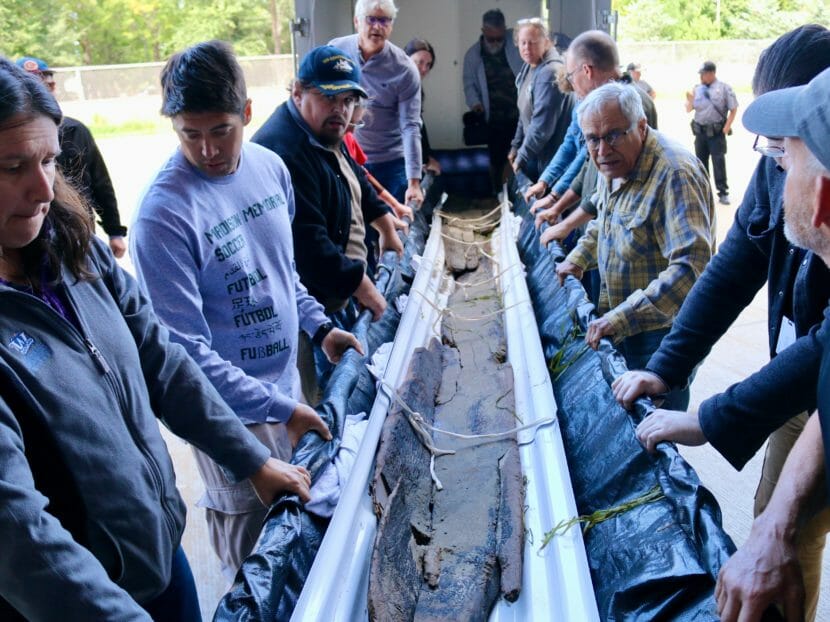 A group of men gets ready to lift the ancient dugout canoe, which is wrapped in tarps