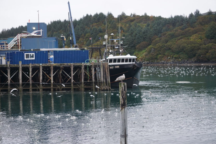 A fishing boat docked by a processing plant.