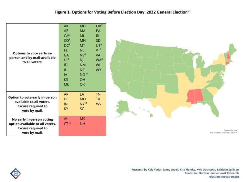 A map of the U.S. showing what types of voting are available in which states