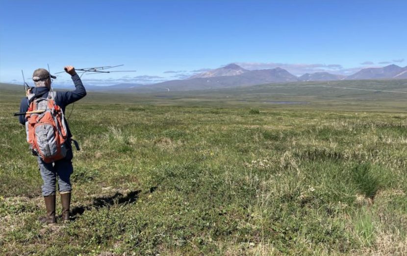 A man stands on the tundra holding an antenna horizontally, pointed away from him