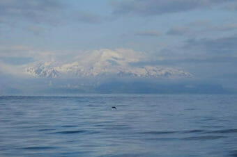 A snowy volcano, partly obscured by clouds, seen from across calm seas.