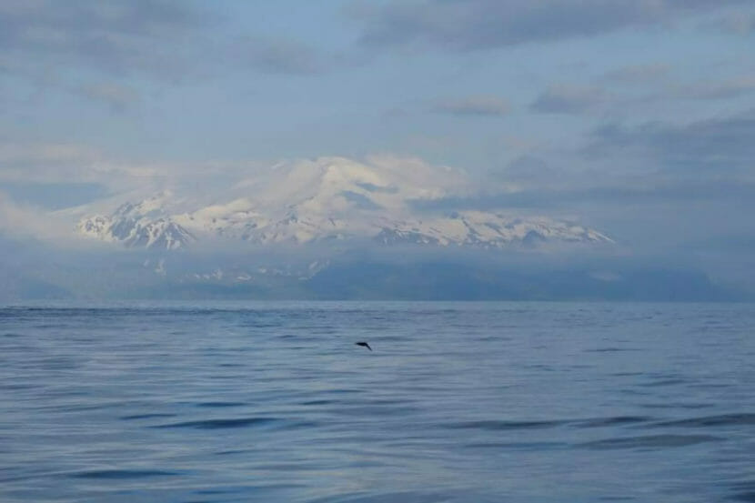 A snowy volcano, partly obscured by clouds, seen from across calm seas.