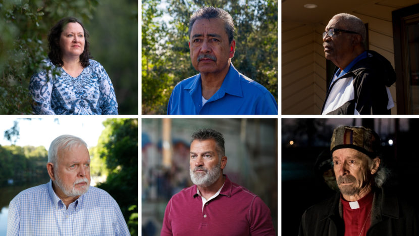 A photo mosaic of portraits of six people