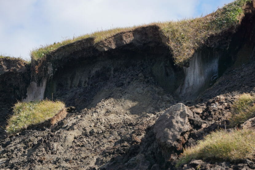 Ice beneath the overhanging edge of an eroding bluff.