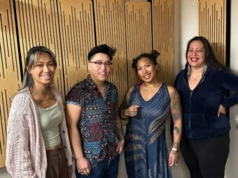 A photo of Tasha Elizarde standing with Rachel Carrillo Barril, Head Chef at In Bocca Al Lupo, Aims Villanueva, Owner of Black Moon Koven, and Abby LaForce Barnett, Co-Owner at Zerelda’s Bistro.