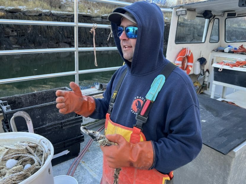 a man in a hoodie and coveralls gesturing with gloved hands