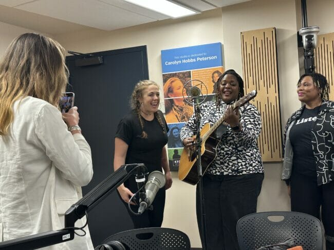 Kyshona and group performing in Studio 2K at KTOO <i>(Photo by Bostin Christopher/KTOO)</i>