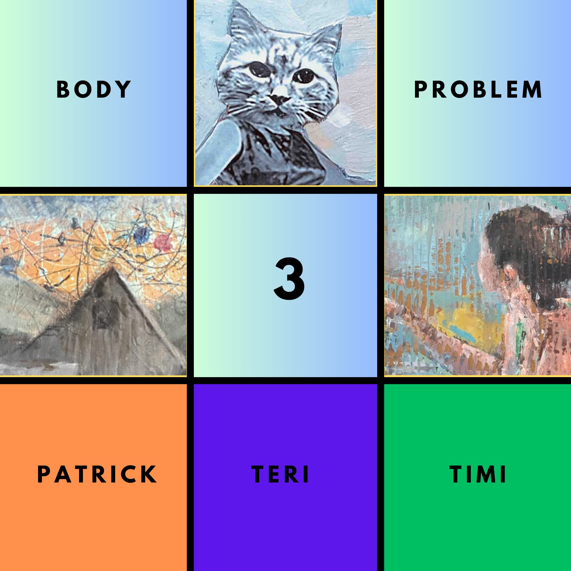 poster image featuring images from artists as part of the group show 3 Body Problem. 