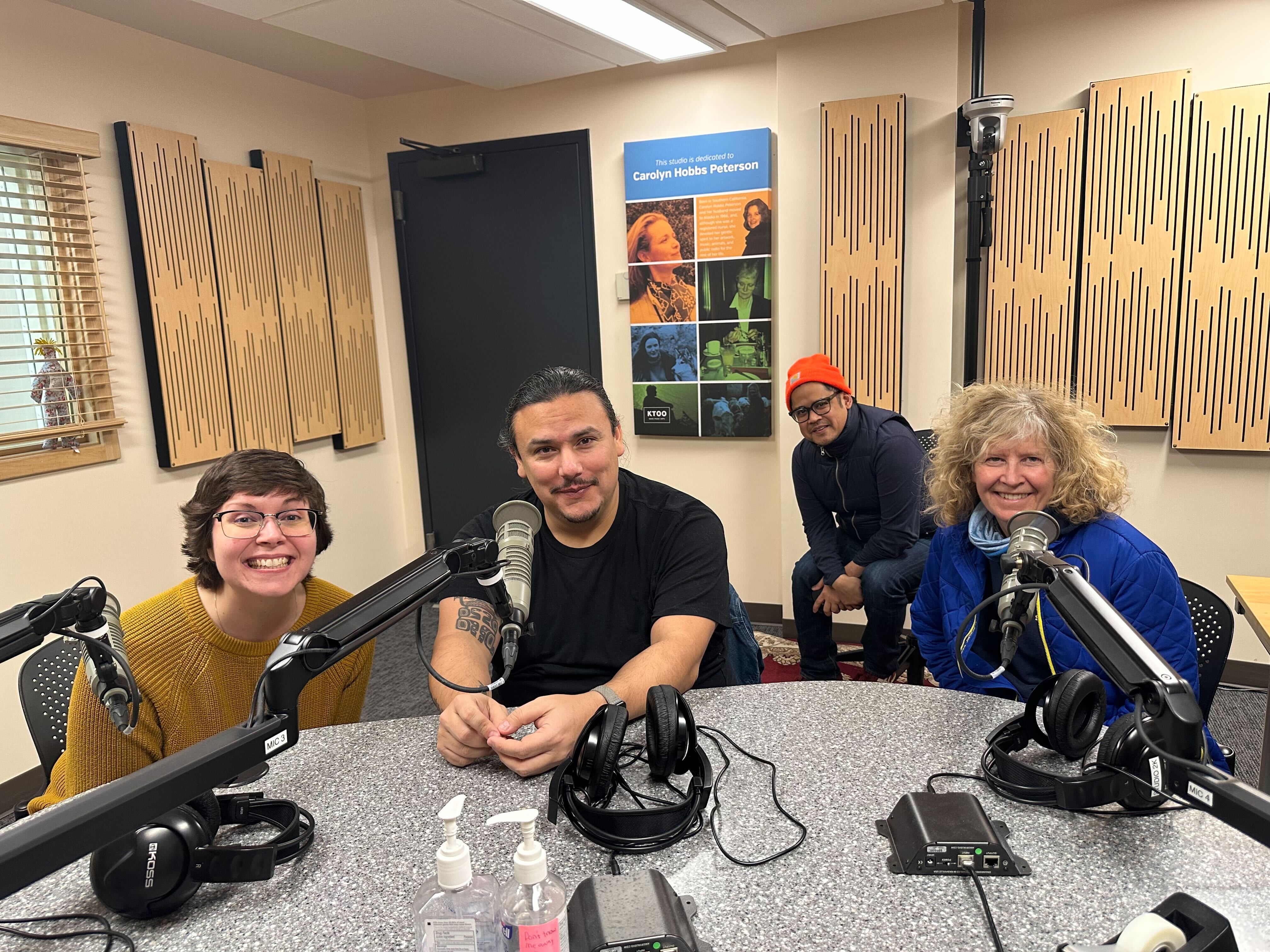 Playwrights Hetty LaVerne, Frank Henry Kaash Katasse and Merry Ellefson with Director Flordelino Lagundino behind them in Studio 2K at KTOO during Juneau Afternoon on January 30, 2025. (Bostin Christopher/KTOO)