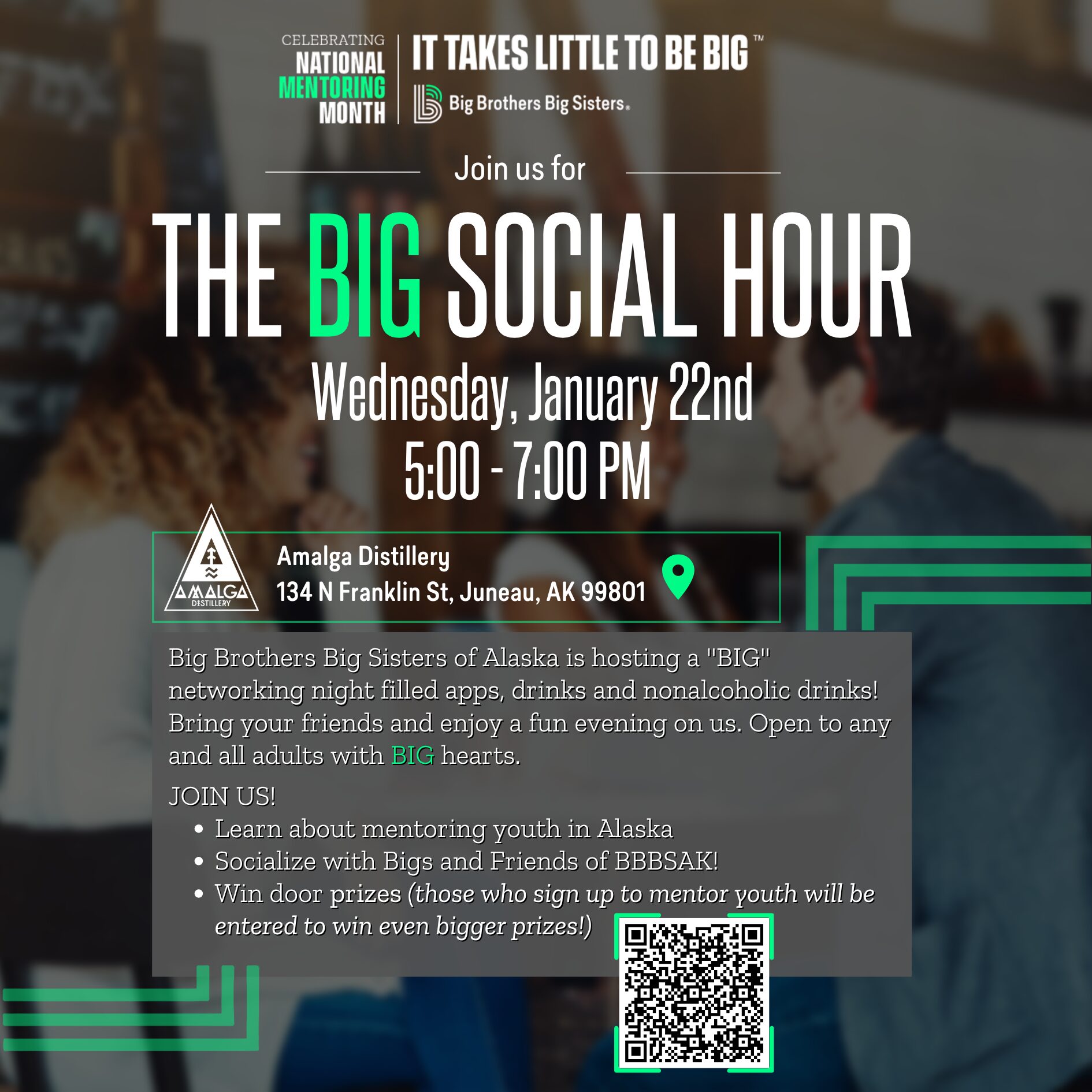 Flyer for Big Brothers Big Sisters "The Big Social Hour" set for Wed, Jan. 22
