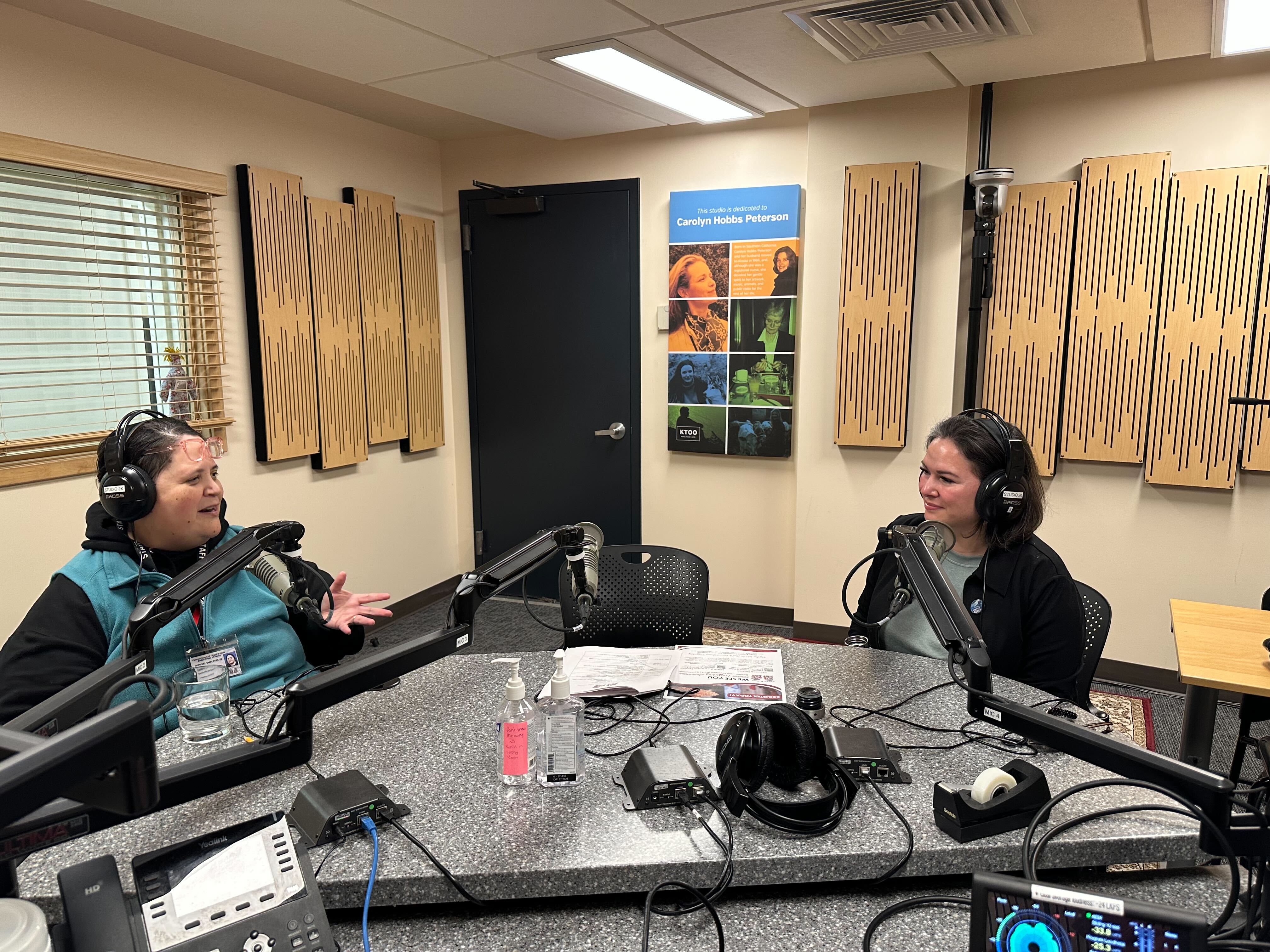 Natasha Jackson from Tlingit & Haida, and guest host Christina Love in Studio 2K at KTOO on Thu, Jan. 16, 2025. (Bostin Christopher/KTOO)