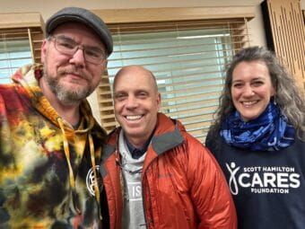Gold medalist Scott Hamilton (middle) with Lauren Anderson (right) and Host Bostin Christopher (left) (Bostin Christopher/KTOO)