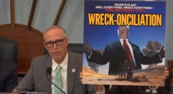Rep. Jared Huffman, D-Calif., employed puns and posters denounce the GOP reconciliation bill when the U.S. House Natural Resources Committee marked up the bill on May 6, 2025.