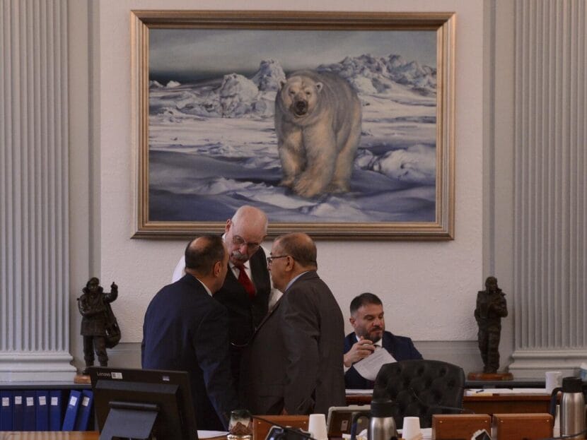 The chairs of the Senate Finance Committee huddle for a discussion after introducing their draft operating budget, Thursday, April 24, 2025.