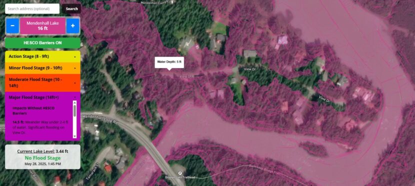 A screenshot of the interactive map showing 5 feet of water projected on View Drive at a 16-foot flood with the HESCO barriers. 