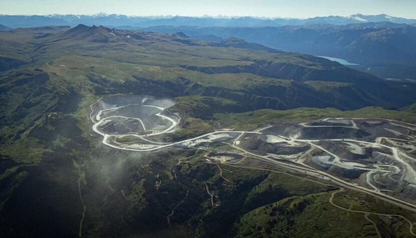 The open pits and waste rock pile at Red Chris Mine in the headwaters of the Iskut River, a major tributary of the salmon-bearing Stikine River.
