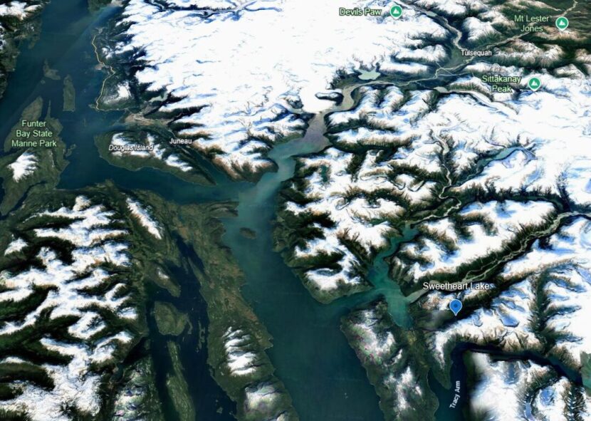 The proposed hydroelectric project is planned for Lower Sweetheart Lake. Photo courtesy of Google Earth.