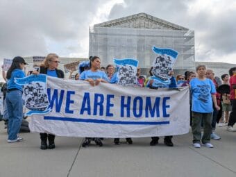Hundreds gather outside the U.S. Supreme Court on Thursday, May 15, 2025, to protest the Trump administration’s effort to strip birthright citizenship from the Constitution.