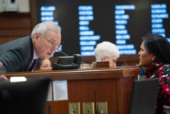 Rep. Nellie Jimmie, D-Tooksook Bay, speaks with House Speaker Bryce Edgmon, I-Dillingham, during a floor session on Monday, March 10, 2025.
