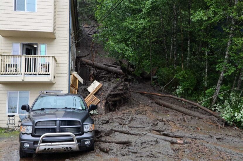 A landslide on Gastineau Avenue in Juneau on July 14, 2024. (Photo by Clarise Larson/KTOO)