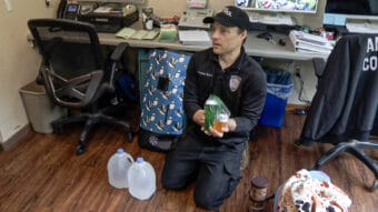 Animal Control Officer Thomas Young-Bayer holds prescription bottles as part of his emergency go-bag for his pets on July 2, 2025. (Photo by Mikko Wilson/KTOO)