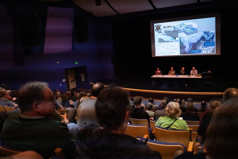 Erin Stockdale, Curtis Lee, Mike Records and Leif Hammes from the U.S. Army Corps of Engineers present the federal process to come up with a long-term flood protection solution for Mendenhall Valley on July 30, 2025. (Photo by Alix Soliman/KTOO)