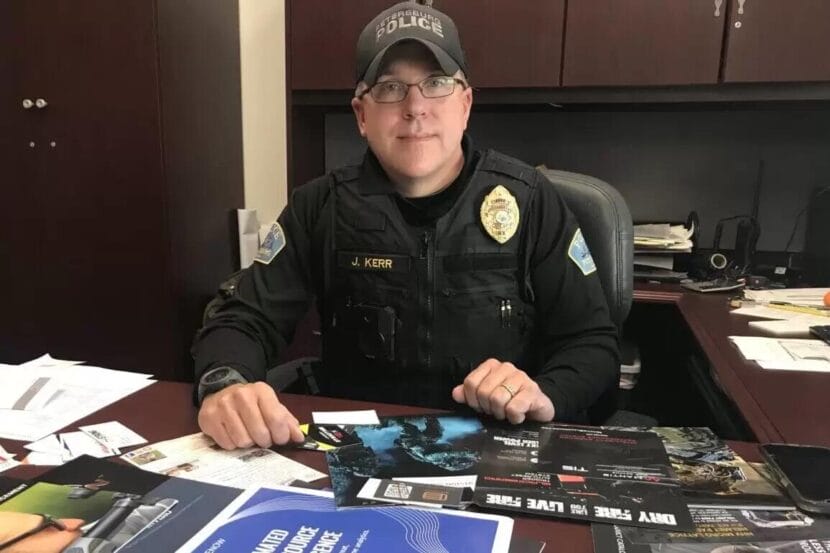 Police Chief Jim Kerr at his desk. Kerr has been with the Petersburg Police Department since 2013 and became chief in 2018.