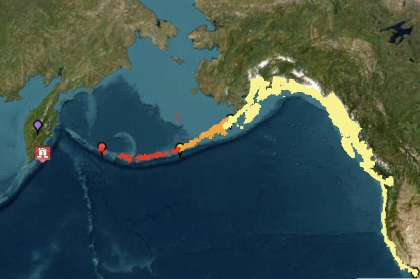 A map showing the tsunami warning area along the southern Alaska coastline
