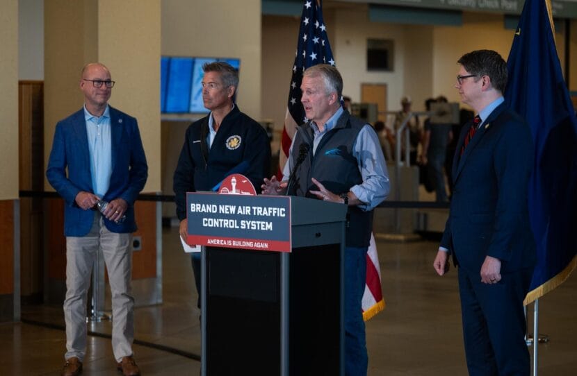 U.S. Sen. Dan Sullivan speaks at an aviation roundtable at Ted Stevens International Airport in Anchorage on Aug. 12, 2025.
