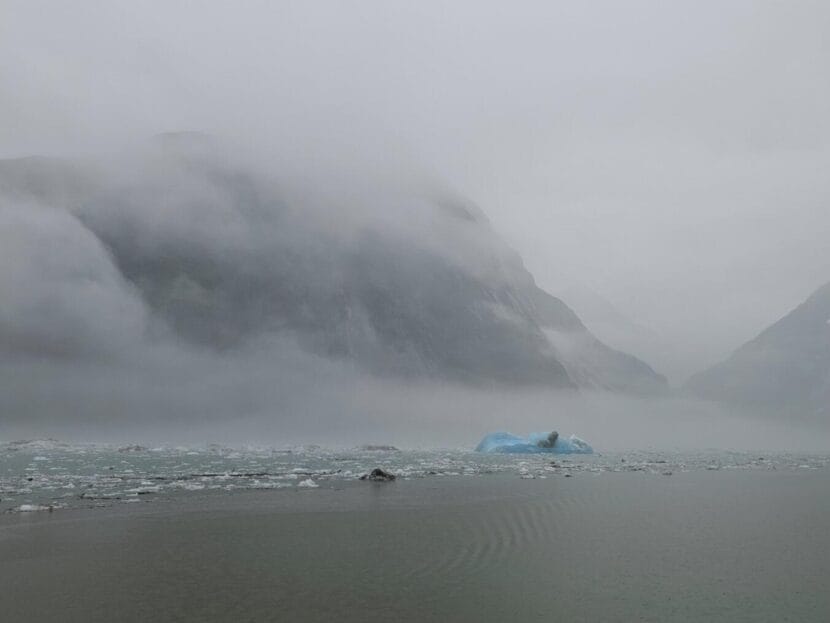 Ice and debris float in Tracy Arm on Monday, Aug. 11, 2025 following Sunday’s landslide.