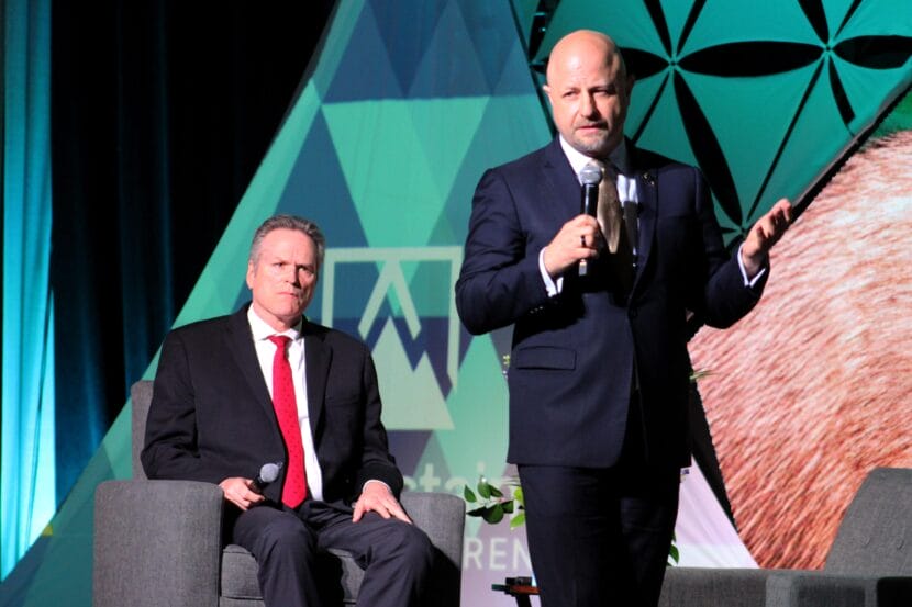 Gov. Mike Dunleavy (left) listens to Glenfarne CEO Brendan Duval (right) talk about the Alaska LNG Project during a panel on Thursday, June 5, 2025 in Anchorage, Alaska.