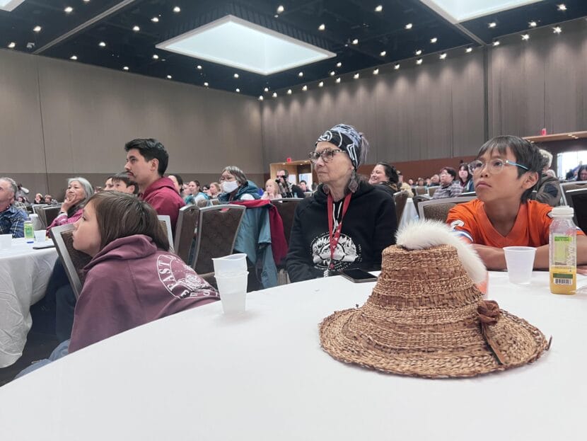 A group listens to a speech at the opening day of the Elders & Youth conference at the Dena’ina Center in Anchorage on Oct. 12, 2025.