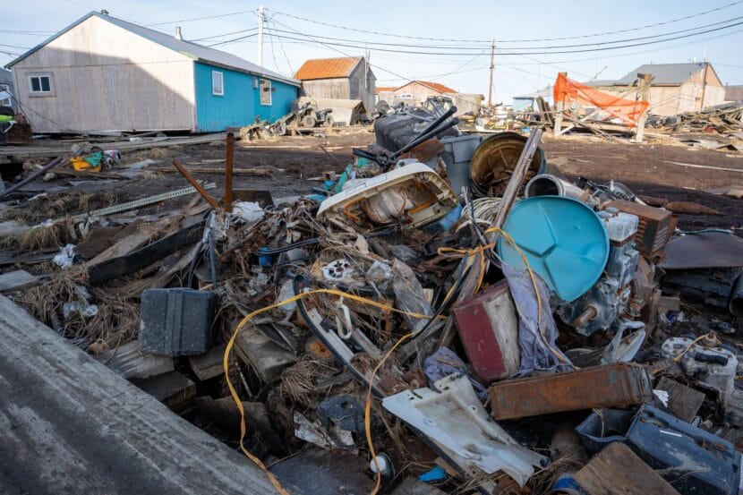 Debris sits in a pile in storm-ravaged Kipnuk, Alaska on Oct. 19, 2025, a week after the remnants of Typhoon Halong brought catastrophic flooding and hurricane-force winds to the village.