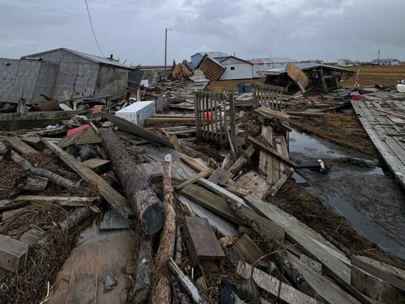 Debris sits in piles in Kwigillingok after the remnants of Typhoon Halong brought widespread devastation to the region.