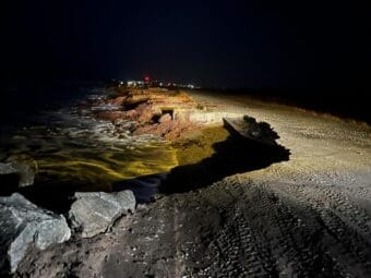 A section of road in Shishmaref washed out by the October 8, 2025 storm.
