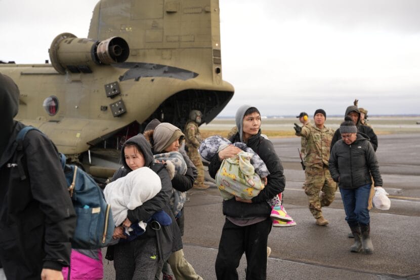 Evacuees from arrive in Bethel on Friday, Oct. 17, 2025.