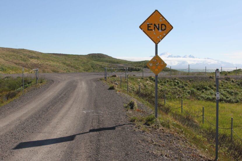 The road out of King Cove ends at the old hovercraft landing on the shore of Cold Bay, about 7 miles from the city of the same name.