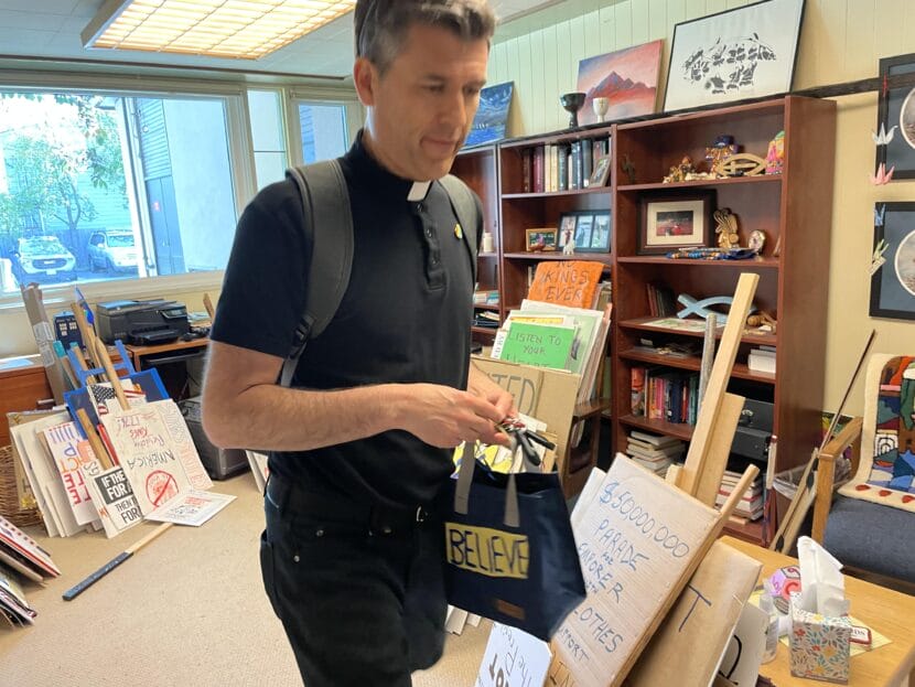 Pastor Matthew Schultz of First Presbyterian Church in Anchorage. He collected protest signs after a No Kings rally in June 2025 and delivered them, minus the sticks, to the office of U.S. Sen. Dan Sullivan. He's now running for U.S. House.