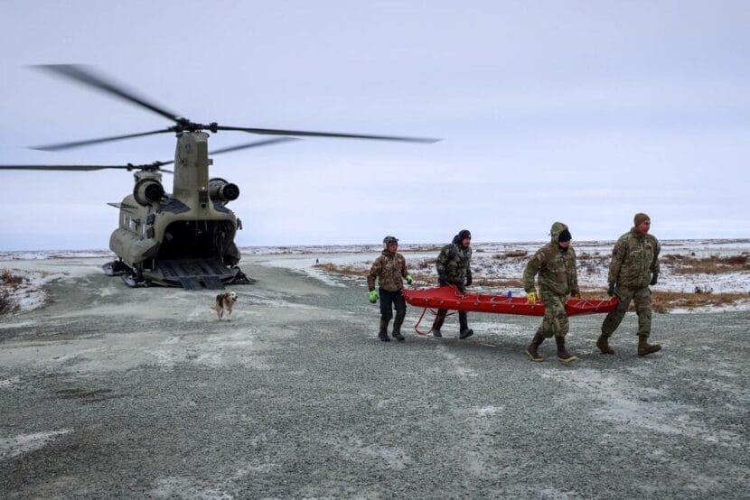 U.S. Army National Guard CH-47 Chinook aviators, assigned to the 207th Aviation Troop Command, Alaska Army National Guard, transport Alaska Organized Militia members and supplies to Kwigillingok, Alaska, Nov. 6, 2025, while supporting Operation Halong Response efforts.