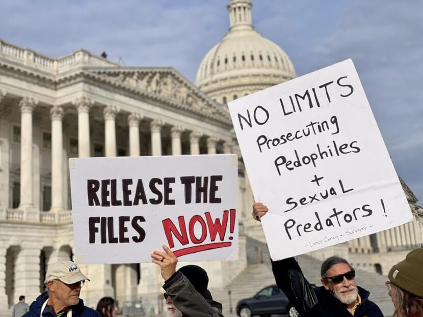 Advocates of releasing the Epstein files protested at the Capitol Nov. 18, 2025, before the House vote.