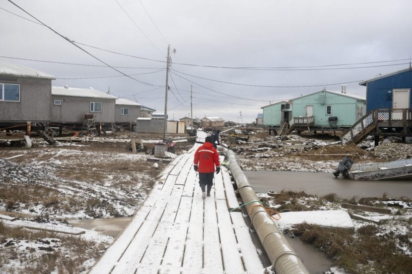 Pollution response teams from U.S. Coast Guard Sector Western Alaska and U.S. Arctic conduct post-storm assessments in Kipnuk, Alaska, Oct. 22, 2025, after the community was impacted by severe flooding from Typhoon Halong. Personnel deployed to affected areas to identify pollution concerns and work with state, federal, and industry partners to conduct clean-up operations. 