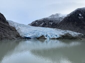 The terminus of Mendenhall Glacier, seen from the rock peninsula on November 23, 2025. (Photo by Alix Soliman/KTOO)
