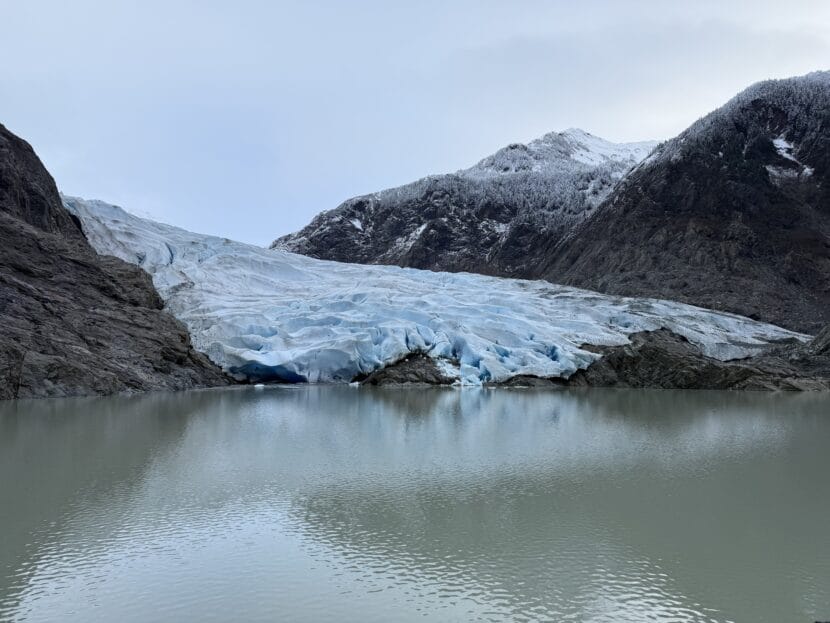 The terminus of Mendenhall Glacier, seen from the rock peninsula on November 23, 2025. (Photo by Alix Soliman/KTOO)