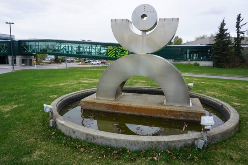 One of the outdoor sculptures at the University of Alaska Anchorage campus is integrated into a fountain, pictured here on May 16, 2022. More than half of the University of Alaska system schools attend UAA or one of its satellite campuses.