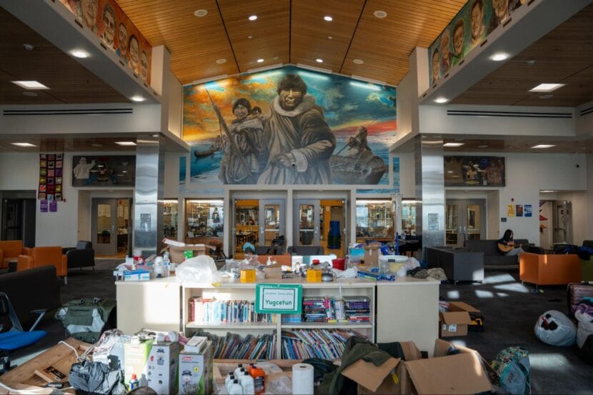 Emergency supplies fill the lobby of the Chief Paul Memorial School in Kipnuk, Alaska. Nearly 700 people sheltered there for two days after ex-typhoon Halong.